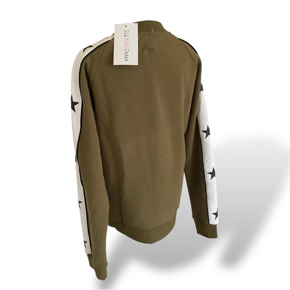 ELLANDEMM Crewneck Sweatshirt White Stripes Black Star Sleeve Detail Olive Green - Picture 12 of 14
